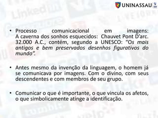 • Processo comunicacional em imagens:
A caverna dos sonhos esquecidos: Chauvet Pont D’arc.
32.000 A.C., contém, segundo a UNESCO: “Os mais
antigos e bem preservados desenhos figurativos do
mundo”.
• Antes mesmo da invenção da linguagem, o homem já
se comunicava por imagens. Com o divino, com seus
descendentes e com membros de seu grupo.
• Comunicar o que é importante, o que vincula os afetos,
o que simbolicamente atinge a identificação.
 