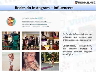 Redes do Instagram – Influencers
Perfis de influenciadores no
Instagram que formam suas
próprias redes de seguidores.
Celebridades, Instagramers,
até mesmo marcas e
empresas também seguem
essa lógica
 