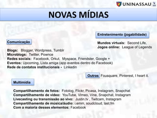 NOVAS MÍDIAS
Comunicação
Blogs: Blogger, Wordpress, Tumblr
Microblogs: Twitter, Pownce
Redes sociais: Facebook, Orkut, Myspace, Friendster, Google +
Eventos: Upcoming, Lista amiga (app eventos dentro do Facebook)
Rede de contatos institucionais - Linkedin
Entretenimento (jogabilidade)
Mundos virtuais: Second Life,
Jogos online: League of Legends
Multimídia
Compartilhamento de fotos: Fotolog, Flickr, Picasa, Instagram, Snapchat
Compartilhamento de vídeo: YouTube, Vimeo, Vine, Snapchat, Instagram
Livecasting ou transmissão ao vivo: Justin.tv , Twitcam, Instagram
Compartilhamento de música/áudio: i.emm, soudcloud, last.fm
Com a maioria desses elementos: Facebook
Outras Fousquare, Pinterest, I heart it.
 