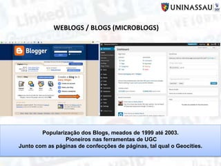 Popularização dos Blogs, meados de 1999 até 2003.
Pioneiros nas ferramentas de UGC
Junto com as páginas de confecções de páginas, tal qual o Geocities.
WEBLOGS / BLOGS (MICROBLOGS)
 