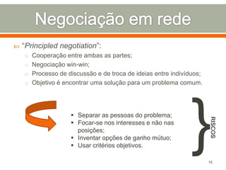 

“Principled negotiation”:
o Cooperação entre ambas as partes;
o Negociação win-win;
o Processo de discussão e de troca de ideias entre indivíduos;
o Objetivo é encontrar uma solução para um problema comum.

}

RISCOS

 Separar as pessoas do problema;
 Focar-se nos interesses e não nas
posições;
 Inventar opções de ganho mútuo;
 Usar critérios objetivos.

16

 