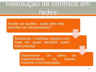 Avaliar as opções - quão bem elas
atendem às necessidades?
Selecionar / modificar opções com
base em quais atendem quem
mais precisa;
Desenvolver
um
plano
de
implementação
do
acordo,
incluindo a monitorização.
22

 