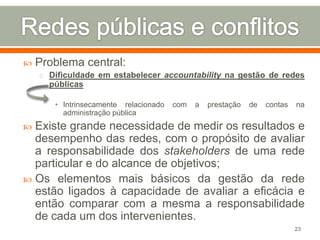 

Problema central:
o Dificuldade em estabelecer accountability na gestão de redes

públicas
• Intrinsecamente relacionado
administração pública

com

a

prestação

de

contas

na

Existe grande necessidade de medir os resultados e
desempenho das redes, com o propósito de avaliar
a responsabilidade dos stakeholders ​de uma rede
particular e do alcance de objetivos;
 Os elementos mais básicos da gestão da rede
estão ligados à capacidade de avaliar a eficácia e
então comparar com a mesma a responsabilidade
de cada um dos intervenientes.


23

 