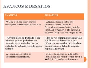AVANÇOS E DESAFIOS AVANÇOS DESAFIOS - O Blog e Flickr possuem boa aceitação e colaboração constantes. - Algumas ferramentas são bloqueadas nas Casas de Agricultura, como chats, youtube, facebook e twitter, e até mesmo a palavra “blog” nos endereços de site. -  A visibilidade do Instituto e sua utilidade pública poderiam ser bastante incrementadas caso  o trabalho de web não fosse de acesso restrito. - Boa parte  computadores das CAs e EDRs estão defasados, o que dificulta o acesso (baixa velocidade das máquinas e falta de  conexão rápida a Internet) - A comunicação entre os funcionários aumentou. - Muitos funcionários  não  estão familiarizados com internet e com a Web 2.0. É preciso treinamento. 