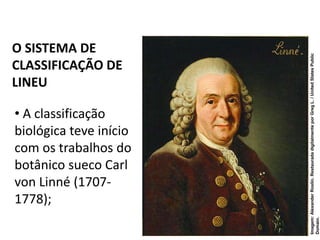 O SISTEMA DE
CLASSIFICAÇÃO DE
LINEU
• A classificação
biológica teve início
com os trabalhos do
botânico sueco Carl
von Linné (1707-
1778);
Ciências da Natureza e suas tecnologias, 2° ano
As novas técnicas de classificação biológica
Imagem:
Alexander
Roslin.
Restaurada
digitalmente
por
Greg
L.
/
United
States
Public
Domain.
 