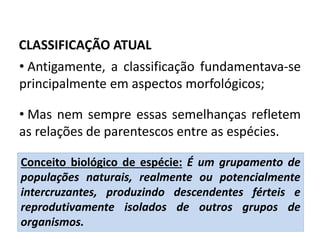 CLASSIFICAÇÃO ATUAL
• Antigamente, a classificação fundamentava-se
principalmente em aspectos morfológicos;
• Mas nem sempre essas semelhanças refletem
as relações de parentescos entre as espécies.
Conceito biológico de espécie: É um grupamento de
populações naturais, realmente ou potencialmente
intercruzantes, produzindo descendentes férteis e
reprodutivamente isolados de outros grupos de
organismos.
Ciências da Natureza e suas tecnologias, 2° ano
As novas técnicas de classificação biológica
 