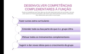 DESENVOLVER COMPETÊNCIAS
COMPLEMENTARES À FUNÇÃO
Quais as competências que Fazer algo que não está relacionado dentro de sua função, mas que
pode ajuda-lo em futuras promoções e até mesmo para desenvolvimento pessoal. colaborador
deve desenvolver para evoluir na sua função.
Fazer cursos extra curriculares
Entender todo ou boa parte do que é o grupo Ultra
Efetuar todos os treinamentos complementares
Sugerir e dar novas ideias para o crescimento do grupo
 