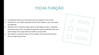 ๏ O Colaborador recebe a sua ficha função, assim que ingressa no time da Ultra.
๏ Essa ficha tem como objetivo apresentar de forma clara e objetiva o que a Ultra espera
do colaborador.
๏ Não basta entrar na empresa e saber apenas as informações do cargo, o colaborador
precisa saber quais são as competências esperadas e quais ele pode desenvolver para
poder alcançar outros cargos dentro da unidade ou do grupo Ultra.
๏ Aqui usaremos o exemplo do cargo Líder da unidade, mas a ideia da ficha são para
todos os cargos de grupo Ultra.
FICHA FUNÇÃO
 
