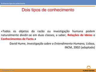 Dois tipos de conhecimento
«Todos os objetos da razão ou investigação humana podem
naturalmente dividir-se em duas classes, a saber, Relações de Ideias e
Conhecimentos de Facto.»
David Hume, Investigação sobre o Entendimento Humano, Lisboa,
INCM, 2002 (adaptado)
FILOSOFIA 11.º ano
Os diversos tipos de conhecimento
 