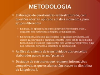 METODOLOGIAElaboração de questionário semiestruturado, com questões abertas, aplicado em dois momentos, para grupos diferentes:Em maio, foi aplicado aos alunos de primeiro semestre letivo., enquanto eles cursavam a disciplina de Linguística I.Em setembro, o mesmo questionário foi aplicado novamente, aos alunos que cursavam o segundo semestre letivo, sendo que em uma  turma havia oito alunos ingressantes pelo vestibular de inverno, e que não cursaram, portanto, a disciplina de Linguística I;Análise do sistema de transitividade dos conceitos elaborados para o termo ‘palavra’;Destaque de estruturas que retomem informações compatíveis as que os alunos têm acesso na disciplina de Linguística I.