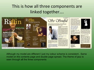 This is how all three components are
               linked together….




Although my model are different I just my colour scheme is consistent . Same 
model on the contents page and double page spread. The theme of jazz is 
seen through all the three components  
 