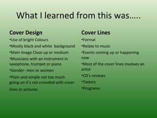 What I learned from this was…..
Cover Design                           Cover Lines
•Use of bright Colours                 •Formal
•Mostly black and white background     •Relate to music
•Main image Close up or medium         •Events coming up or happening
•Musicians with an instrument in       now
saxophone, trumpet or piano            •Most of the cover lines involves an
•Gender- men or women                  artist
•Plain and simple not too much         •CD’s reviews
going on it’s not crowded with cover   •Tasters
lines or pictures                      •Programs
 