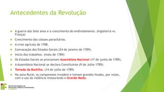 Antecedentes da Revolução
 A guerra dos Sete anos e o crescimento do endividamento. (Inglaterra vs.
França)
 Crescimento das classes parasitárias.
 A crise agrícola de 1788.
 Convocação dos Estados Gerais (24 de janeiro de 1789).
 Início dos trabalhos. (maio de 1789)
 Os Estados Gerais se proclamam Assembleia Nacional (17 de junho de 1789).
 A Assembleia Nacional se declara Constituinte (9 de Julho 1789).
 Tomada da Bastilha. (14 de julho de 1789)
 Na zona Rural, os camponeses invadem e tomam grandes feudos, por vezes,
com o uso da violência instaurando o Grande Medo.
 