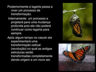 Posteriormente a lagarta passa a
viver um processo de
transformação.
Internamente um processo a
projetará para uma mudança
profunda pois ela não poderá
continuar como lagarta para
sempre.
Após algum tempo no casulo ela
experimentará uma
transformação radical
(revolução) no qual as antigas
estruturas serão
transformadas completamente
dando origem a um novo ser.
 