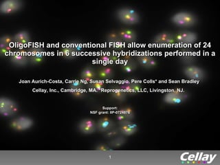 OligoFISH and conventional FISH allow enumeration of 24 chromosomes in 6 successive hybridizations performed in a single day Joan Aurich-Costa, Carrie Ng, Susan Selvaggio, Pere Colls* and Sean Bradley Cellay, Inc., Cambridge, MA. *Reprogenetics, LLC, Livingston, NJ.   Support:  NSF grant: IIP-0724876  