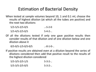 Estimation of Bacterial Density
When tested at sample volumes beyond 10, 1 and 0.1 ml, choose the
results of highest dilution (at which all the tubes are positive) and
the next two dilutions
5/5-5/5-2/5-0/5 ..-5-2-0
5/5-4/5-2/5-0/5 5-4-2-..
Of all the dilutions tested if only one gave positive results then
consider results of that dilution and of one dilution below and one
dilution above it
0/5-0/5-1/5-0/5-0/5 ..-0-1-0-..
If positive results are obtained even at a dilution beyond the series of
dilutions considered then add that positive result to the results of
the highest dilution considered
5/5-3/5-2/5-1/5 5-3-2-..
5/5-3/5-2/5-0/5 5-3-2-..
 