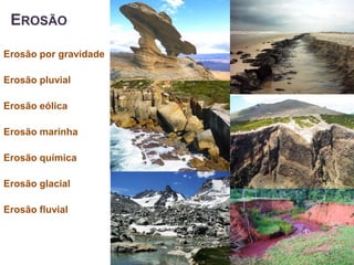 EROSÃO

Erosão por gravidade

Erosão pluvial

Erosão eólica

Erosão marinha

Erosão química

Erosão glacial

Erosão fluvial
 