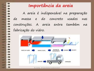 As rochas 6º ano Ensino Fundamental II
Importância da areia
A areia é indispensável na preparação
de massa e do concreto usados nas
construções. A areia entra também na
fabricação do vidro.
 