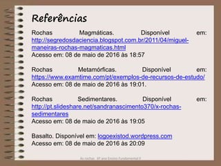 As rochas 6º ano Ensino Fundamental II
Rochas Magmáticas. Disponível em:
http://segredosdaciencia.blogspot.com.br/2011/04/miguel-
maneiras-rochas-magmaticas.html
Acesso em: 08 de maio de 2016 às 18:57
Rochas Metamórficas. Disponível em:
https://www.examtime.com/pt/exemplos-de-recursos-de-estudo/
Acesso em: 08 de maio de 2016 às 19:01.
Rochas Sedimentares. Disponível em:
http://pt.slideshare.net/sandranascimento370/x-rochas-
sedimentares
Acesso em: 08 de maio de 2016 às 19:05
Basalto. Disponível em: logoexistod.wordpress.com
Acesso em: 08 de maio de 2016 às 20:09
Referências
 