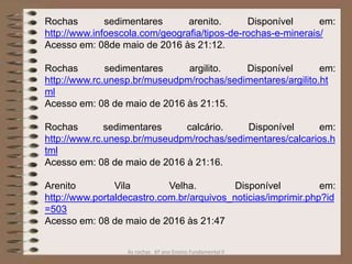 As rochas 6º ano Ensino Fundamental II
Rochas sedimentares arenito. Disponível em:
http://www.infoescola.com/geografia/tipos-de-rochas-e-minerais/
Acesso em: 08de maio de 2016 às 21:12.
Rochas sedimentares argilito. Disponível em:
http://www.rc.unesp.br/museudpm/rochas/sedimentares/argilito.ht
ml
Acesso em: 08 de maio de 2016 às 21:15.
Rochas sedimentares calcário. Disponível em:
http://www.rc.unesp.br/museudpm/rochas/sedimentares/calcarios.h
tml
Acesso em: 08 de maio de 2016 à 21:16.
Arenito Vila Velha. Disponível em:
http://www.portaldecastro.com.br/arquivos_noticias/imprimir.php?id
=503
Acesso em: 08 de maio de 2016 às 21:47
 