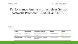 Performance Analysis of Wireless Sensor
Network Protocol: LEACH & EDEEC
Name Designation University/Address Phone Email
Yogesh kumar
Fulara
ME Student
(Electronics)
PEC University of Technology
Chandigarh
+91-9780900443 fularayogesh@gmail.
com
Dr. Deepak Bagai Prof. ECE Dept. PEC University of Technology
Chandigarh
+97-9872376347 dbagai@yahoo.com
Authors:
13 May 2015 Paper ID: ICCICT7047
 