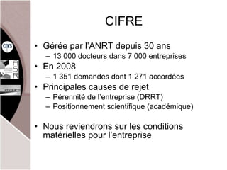 CIFRE Gérée par l’ANRT depuis 30 ans 13 000 docteurs dans 7 000 entreprises En 2008 1 351 demandes dont 1 271 accordées Principales causes de rejet Pérennité de l’entreprise (DRRT) Positionnement scientifique (académique) Nous reviendrons sur les conditions matérielles pour l’entreprise 