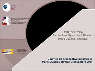 Journée de prospective industrielle Paris (Jussieu-UPMC), 3 novembre 2011 ASR (GDR 725) Architecture, Systèmes & Réseaux (Marc Daumas, directeur) LABORATOIRE PROCÉDÉS, MATÉRIAUX et ENERGIE SOLAIRE UPR 8521 du CNRS 