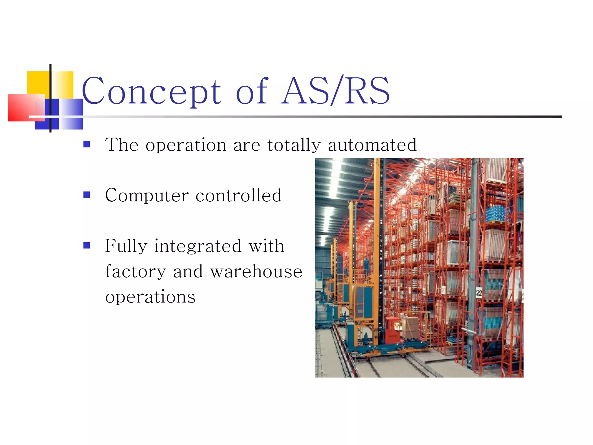 Concept of AS/RS The operation are totally automated Computer controlled  Fully integrated with  factory and warehouse  operations 