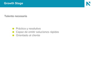 Growth Stage
Talento necesario
● Práctico y resolutivo
● Capaz de emitir soluciones rápidas
● Orientado al cliente
 