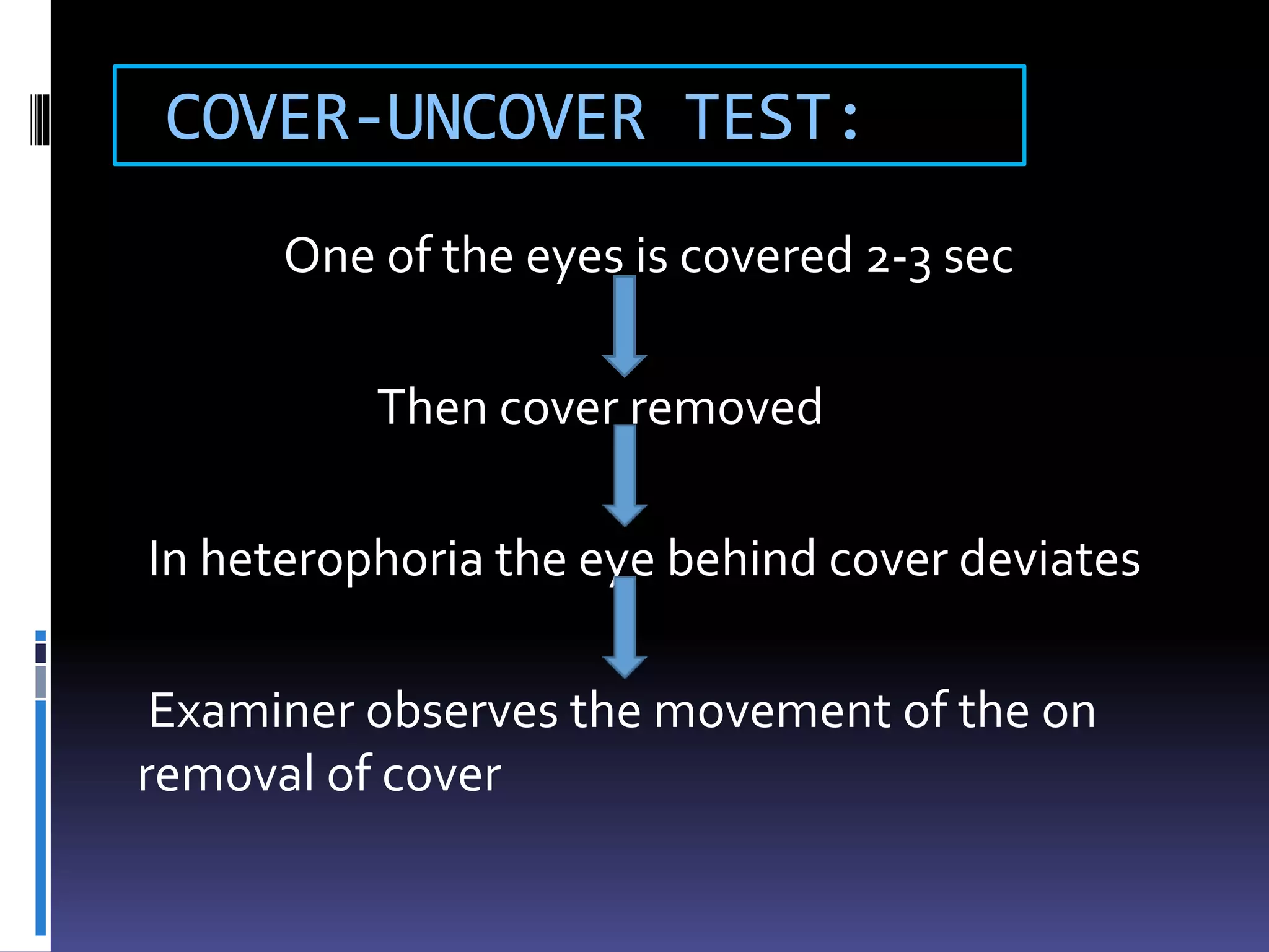 COVER-UNCOVER TEST:
One of the eyes is covered 2-3 sec
Then cover removed
In heterophoria the eye behind cover deviates
Examiner observes the movement of the on
removal of cover
 
