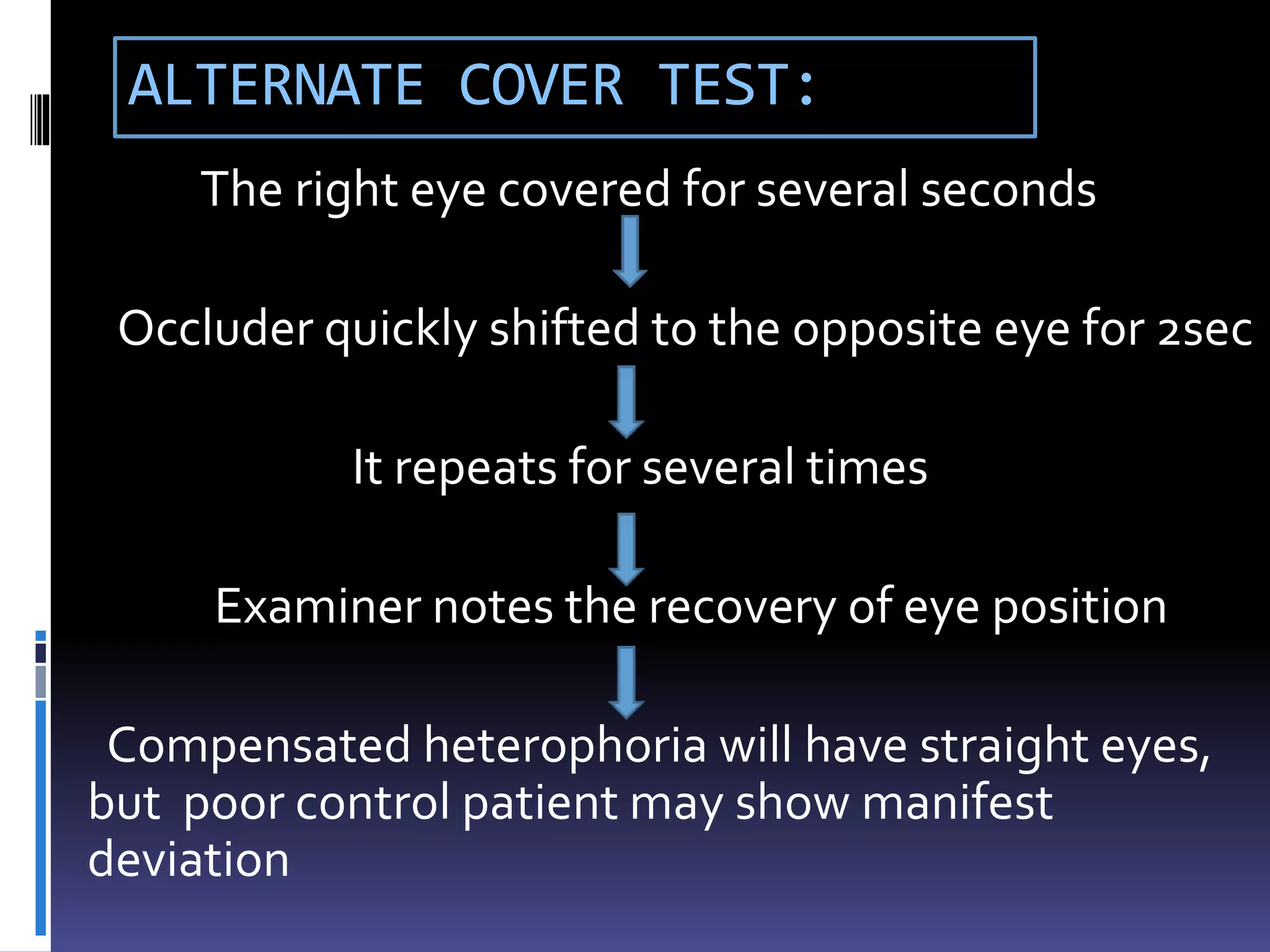 ALTERNATE COVER TEST:
The right eye covered for several seconds
Occluder quickly shifted to the opposite eye for 2sec
It repeats for several times
Examiner notes the recovery of eye position
Compensated heterophoria will have straight eyes,
but poor control patient may show manifest
deviation
 