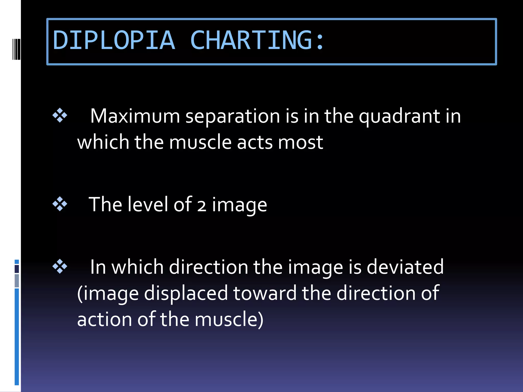 DIPLOPIA CHARTING:
 Maximum separation is in the quadrant in
which the muscle acts most
 The level of 2 image
 In which direction the image is deviated
(image displaced toward the direction of
action of the muscle)
 