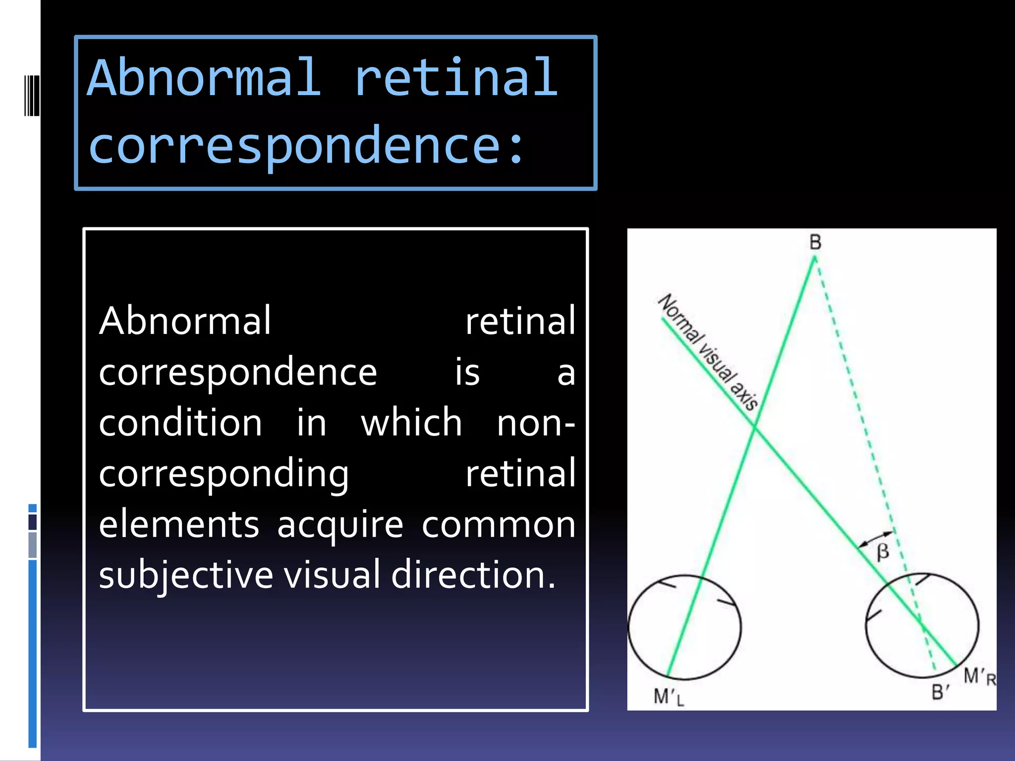 Abnormal retinal
correspondence:
Abnormal retinal
correspondence is a
condition in which non-
corresponding retinal
elements acquire common
subjective visual direction.
 