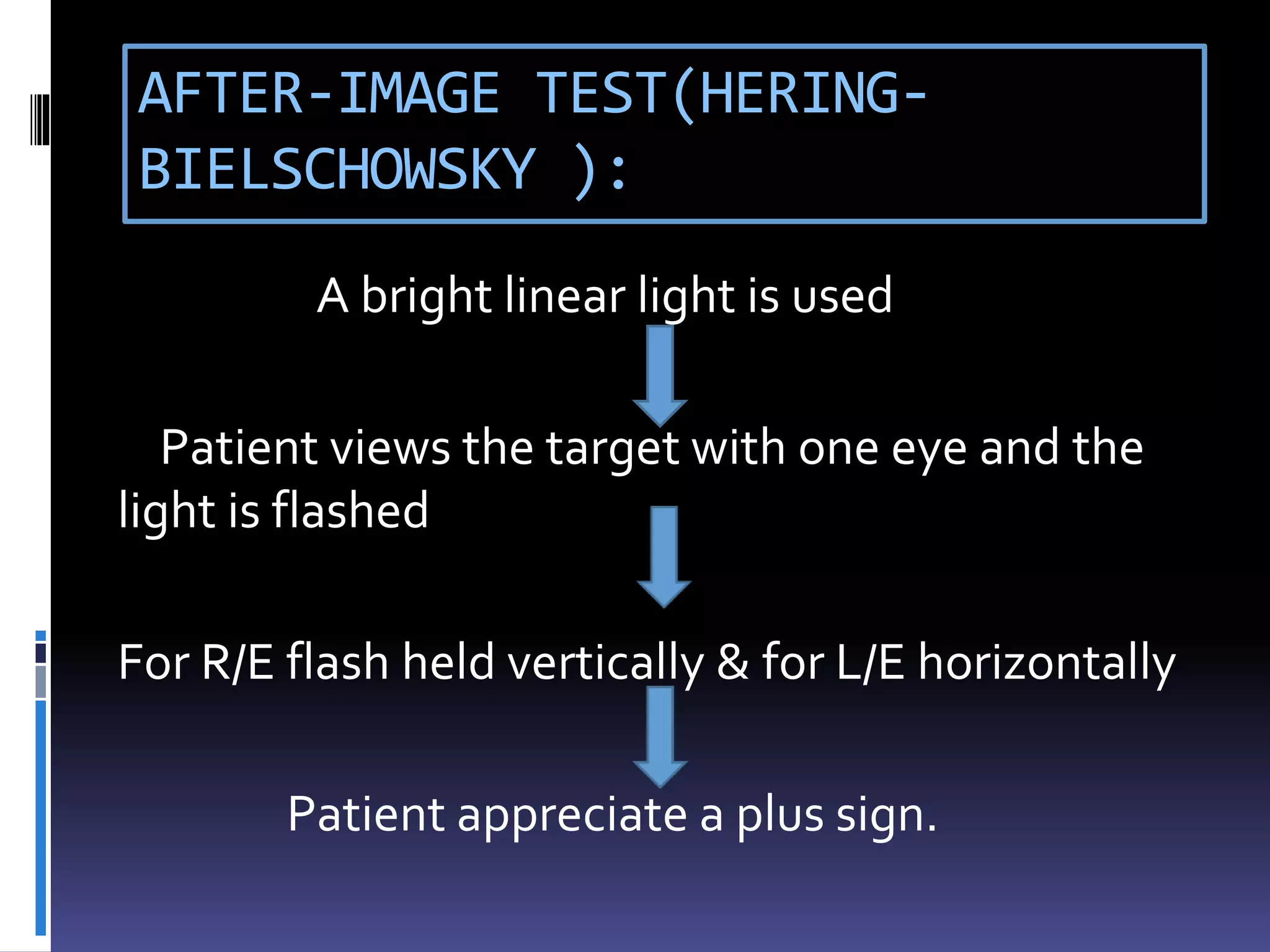 AFTER-IMAGE TEST(HERING-
BIELSCHOWSKY ):
A bright linear light is used
Patient views the target with one eye and the
light is flashed
For R/E flash held vertically & for L/E horizontally
Patient appreciate a plus sign.
 