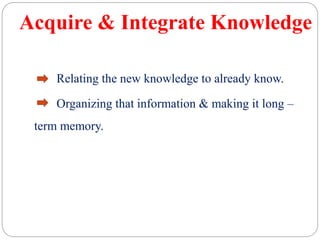 Acquire & Integrate Knowledge
Relating the new knowledge to already know.
Organizing that information & making it long –
term memory.
 