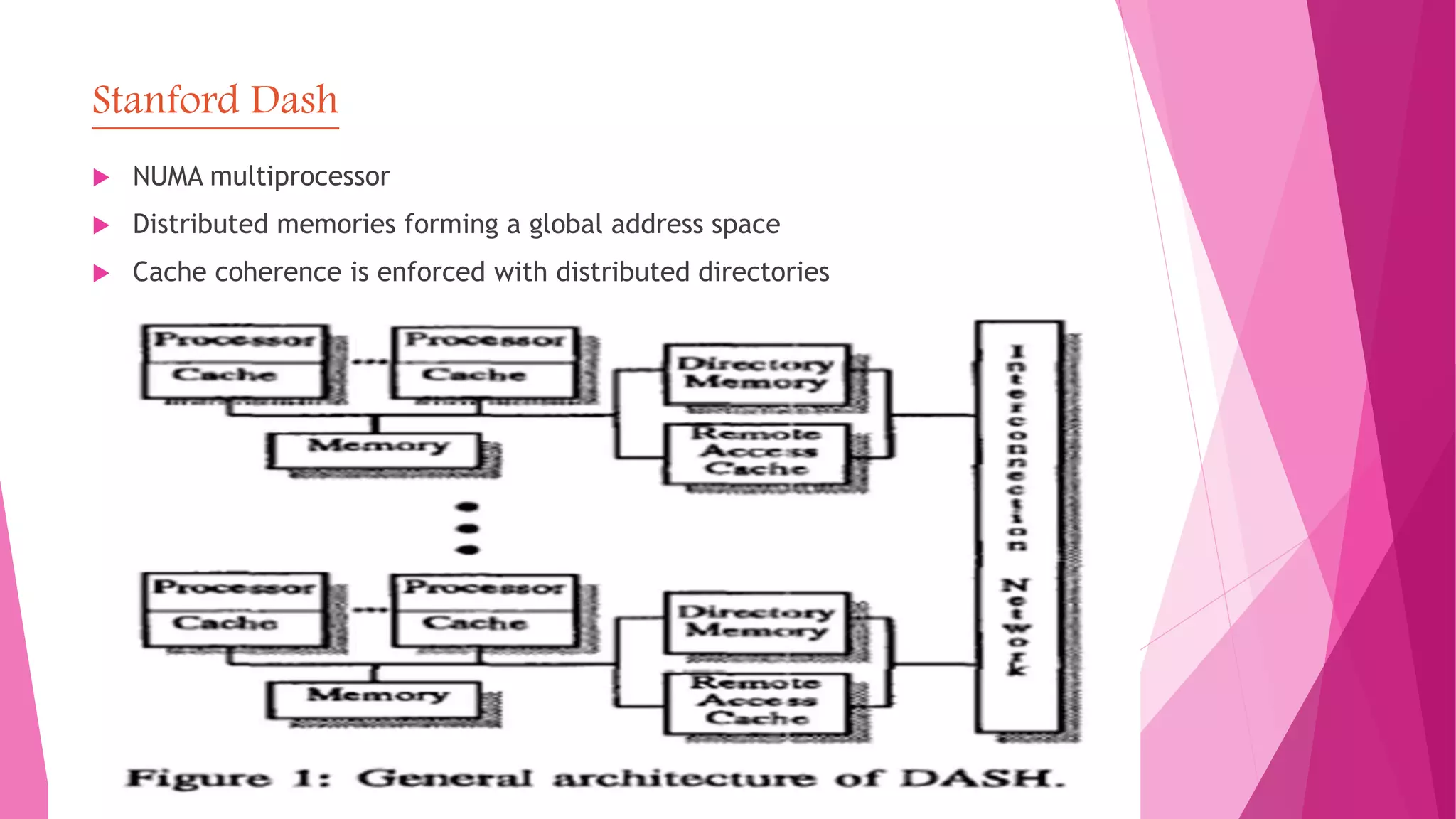 Stanford Dash
 NUMA multiprocessor
 Distributed memories forming a global address space
 Cache coherence is enforced with distributed directories
 