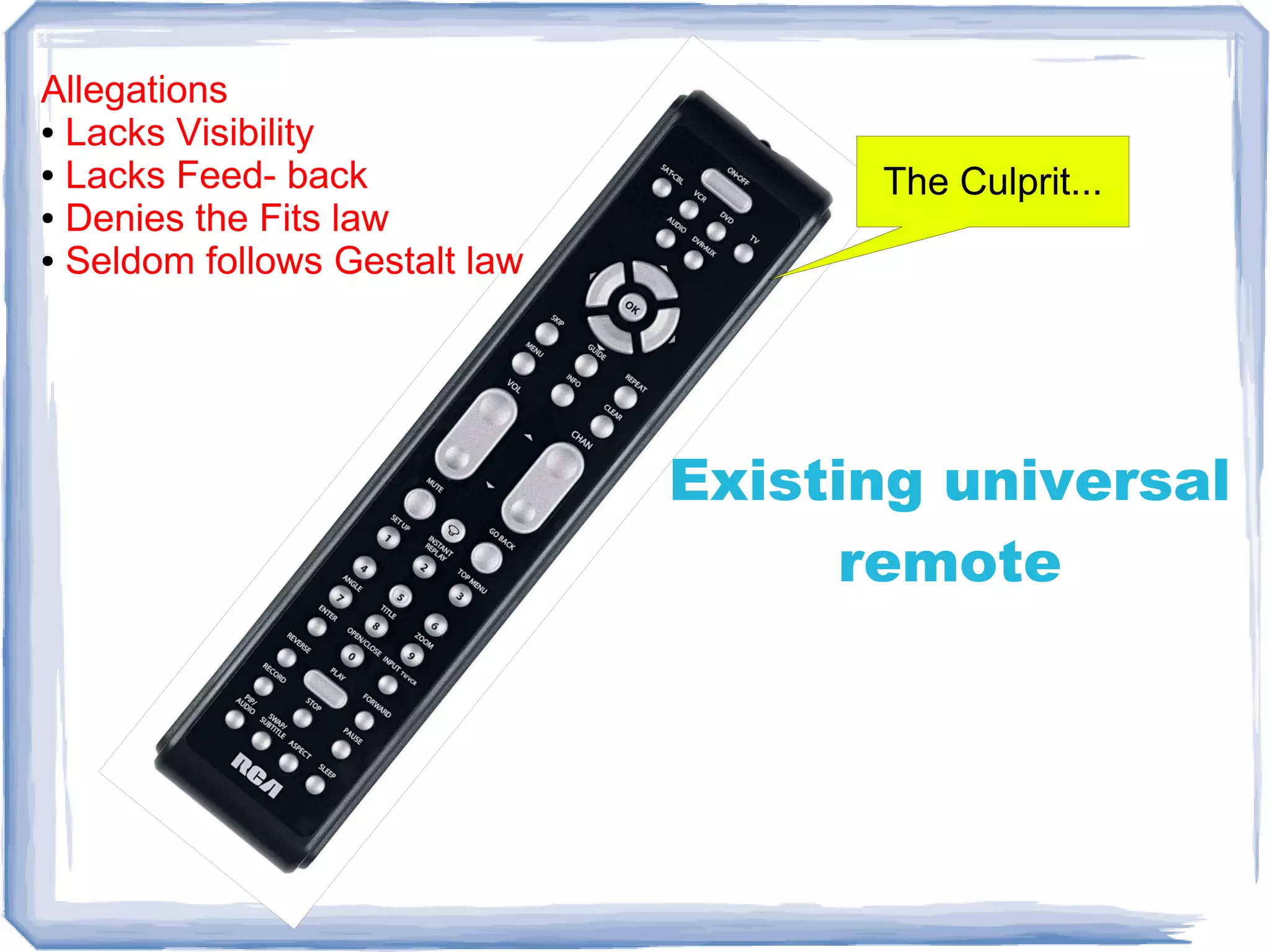 Allegations
● Lacks Visibility

● Lacks Feed- back
                                     The Culprit...
● Denies the Fits law

● Seldom follows Gestalt law




                               Existing universal
                                     remote
 
