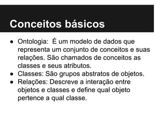 Conceitos básicos
● Ontologia: É um modelo de dados que
representa um conjunto de conceitos e suas
relações. São chamados de conceitos as
classes e seus atributos.
● Classes: São grupos abstratos de objetos.
● Relações: Descreve a interação entre
objetos e classes e define qual objeto
pertence a qual classe.
 