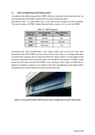 (c) Shear strengthening of the bridge girders
According to the different properties of FRPs which are described in the following table, we
can conclude that which FRPs would be the best choice among the others.
Considering table 1.2, carbon ﬁbers have a very high tensile strength and elastic modulus.
The elastic modulus of CFRP is higher than steel but in contrast, it is very low for GFRP.
Table 1.2 - FRPs Properties
Considering the shear strengthening of the bridge girders and several tests have been
performed in this ﬁeld, CFRP is the best choice for this issue. Since it is a bridge girder there
are many harsh scenarios such as long-term deﬂection, fatigue failure, or creep-rupture in the
structural component and as discussed before, the durability and strength of CFRP is much
greater than the other materials like GFRPs. Also, among the other shapes of CFRP like T-
shaped or I-shaped, L-shaped is very popular in the shear strengthening of the bridge girders
and indicated an excellent behavior in many experimental tests.
Figure 1.4. Externally-bonded CFRP sheets for shear strengthening of an R/C bridge girder
Reinforcing
Materials
Tensile Strength
(Mpa)
Elastic Modulus
(Gpa)
Steel 400-600 200
CFRP 3500-5200 250-400
GFRP 2400-3100 72.4
Page of6 15
 