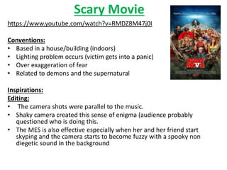 Scary Movie 
https://www.youtube.com/watch?v=RMDZ8M47j0I 
Conventions: 
• Based in a house/building (indoors) 
• Lighting problem occurs (victim gets into a panic) 
• Over exaggeration of fear 
• Related to demons and the supernatural 
Inspirations: 
Editing: 
• The camera shots were parallel to the music. 
• Shaky camera created this sense of enigma (audience probably 
questioned who is doing this. 
• The MES is also effective especially when her and her friend start 
skyping and the camera starts to become fuzzy with a spooky non 
diegetic sound in the background 
 