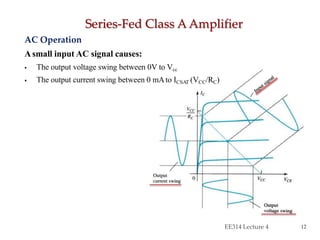 AC Operation
Asmall input AC signal causes:
 The output voltage swing between 0V to Vcc
 The output current swing between 0 mAto ICSAT (VCC/RC)
Series-Fed Class A Amplifier
EE314 Lecture 4 12
 