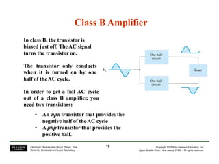 Class B Amplifier
In class B, the transistor is
biased just off. TheAC signal
turns the transistor on.
The transistor only conducts
when it is turned on by one
half of theAC cycle.
In order to get a full AC cycle
out of a class B amplifier, you
need two transistors:
• An npn transistor that provides the
negative half of theAC cycle
• Apnp transistor that provides the
positive half.
19Electronic Devices and Circuit Theory, 10/e
Robert L. Boylestad and Louis Nashelsky
Copyright ©2009 by Pearson Education, Inc.
Upper Saddle River, New Jersey 07458 • All rights reserved.
 
