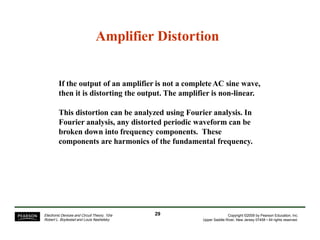 Amplifier Distortion
If the output of an amplifier is not a completeAC sine wave,
then it is distorting the output. The amplifier is non-linear.
This distortion can be analyzed using Fourier analysis. In
Fourier analysis, any distorted periodic waveform can be
broken down into frequency components. These
components are harmonics of the fundamental frequency.
29Electronic Devices and Circuit Theory, 10/e
Robert L. Boylestad and Louis Nashelsky
Copyright ©2009 by Pearson Education, Inc.
Upper Saddle River, New Jersey 07458 • All rights reserved.
 
