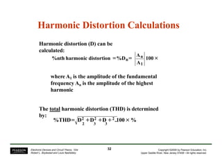 Harmonic Distortion Calculations
Harmonic distortion (D) can be
calculated:
×100
A1
An%nth harmonic distortion =%Dn=
where A1 is the amplitude of the fundamental
frequency An is the amplitude of the highest
harmonic
The total harmonic distortion (THD) is determined
by:
%THD= D2 +D2 +D 2+ .. ×100 %
2 3 3
32Electronic Devices and Circuit Theory, 10/e
Robert L. Boylestad and Louis Nashelsky
Copyright ©2009 by Pearson Education, Inc.
Upper Saddle River, New Jersey 07458 • All rights reserved.
 