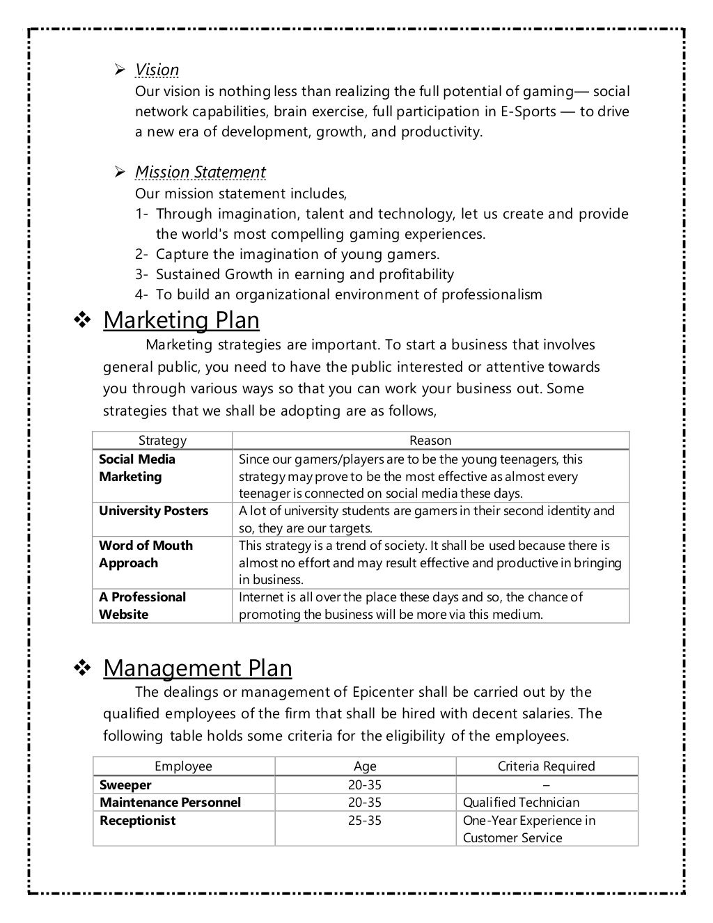 Business Plan of Gaming Arena