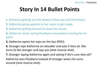 Story In 14 Bullet Points
1. Katherine getting out the shower (close ups and mid shots).
2. Katherine going upstairs to her room to get ready.
3. Katherine getting dressed to leave the house.
4. Katherine starts seeing Porphyria everywhere causing her to
panic.
5. Katherine opens her eyes on the bus (POV).
6. Stranger taps Katherine on shoulder and asks if shes ok. She
turns to the stranger and says yes (shot reverse shot).
7. Stranger taping Katherine again and asking if she’s sure shes ok?
Katherine sees Porphyria instead of stranger when she turns
around (shot reverse shot).
Blue Text – Flashback
 