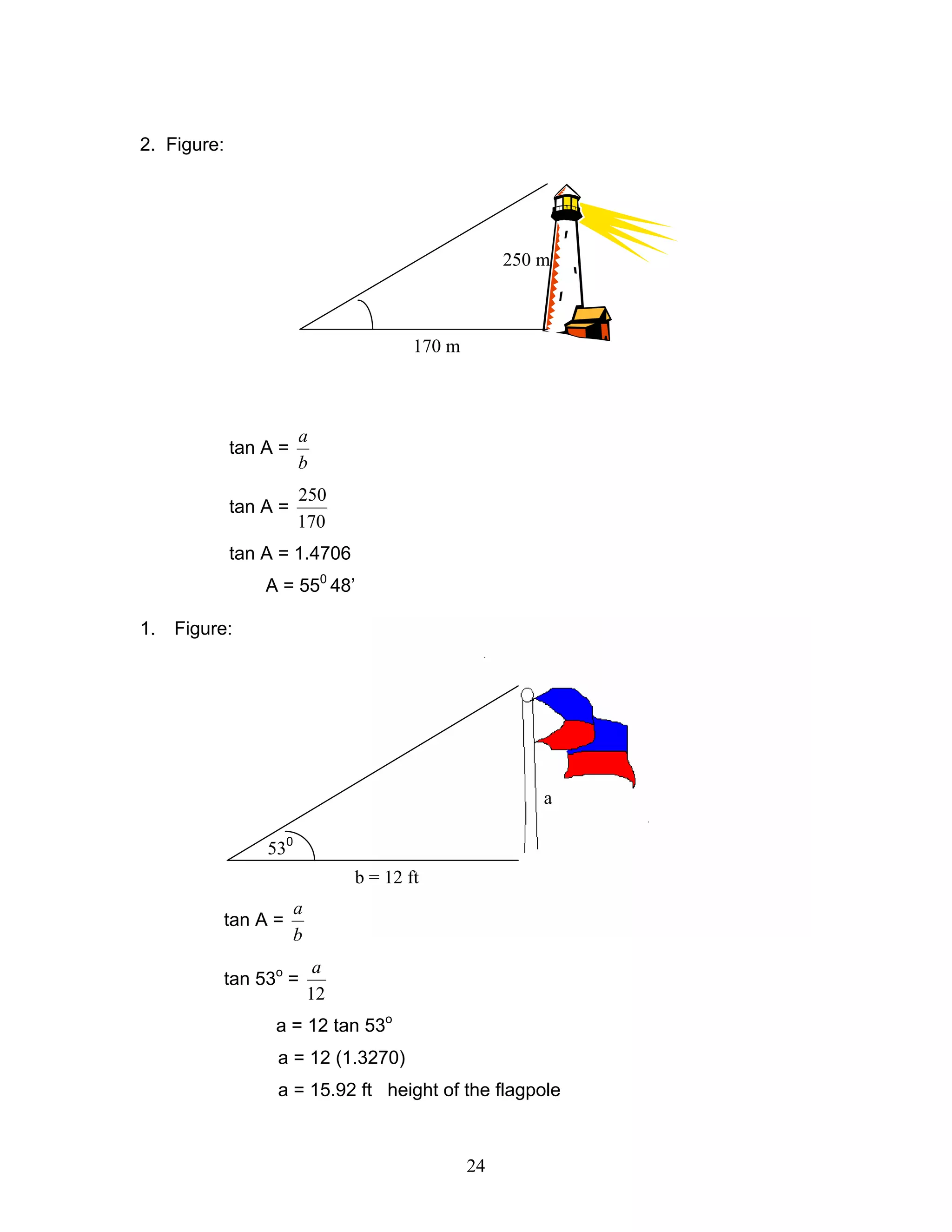 2. Figure:




                                                     250 m



                                        170 m



                       a
             tan A =
                       b
                       250
             tan A =
                       170
             tan A = 1.4706
                 A = 550 48’

1.   Figure:




                                                         a

                 530
                                b = 12 ft
                       a
          tan A =
                       b
                            a
          tan 53o =
                           12
                  a = 12 tan 53o
                  a = 12 (1.3270)
                  a = 15.92 ft height of the flagpole



                                                24
 