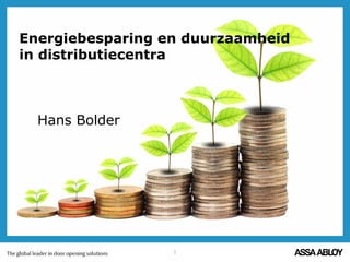 1
Energiebesparing en duurzaamheid
in distributiecentra
Hans Bolder
 