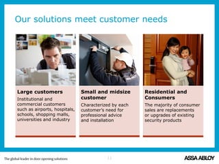 Our solutions meet customer needs
11
Large customers
Institutional and
commercial customers
such as airports, hospitals,
schools, shopping malls,
universities and industry
Residential and
Consumers
The majority of consumer
sales are replacements
or upgrades of existing
security products
Small and midsize
customer
Characterized by each
customer’s need for
professional advice
and installation
 