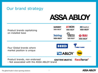 Product brands capitalizing
on installed base
Four Global brands where
market position is unique
Product brands, non endorsed
- Not associated with the ASSA ABLOY brand
Our brand strategy
12
 